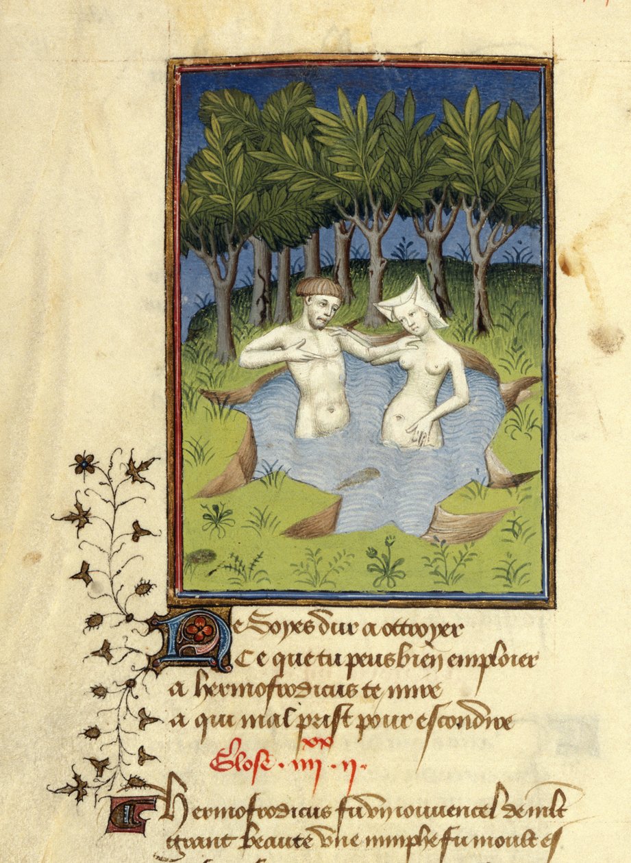哈雷 MS 4431，f.132v，赫玛弗洛狄托斯和仙女萨尔马琪斯在湖中沐浴的微型画，选自克里斯蒂娜-德-皮赞的《L