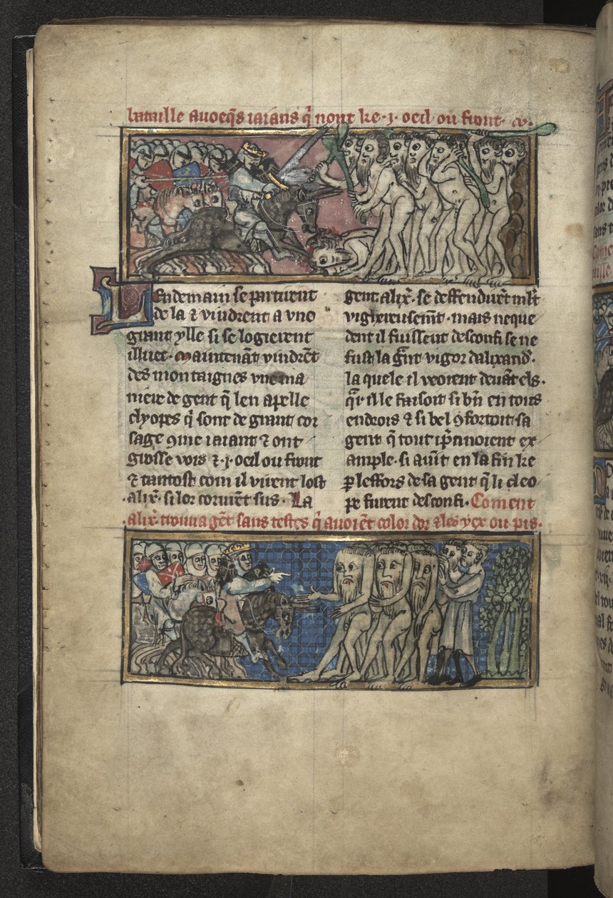 哈雷 MS 4979，f.72v 亚历山大与独眼巨人的战斗；亚历山大与一群blemmyes 的战斗，选自 "Roman d