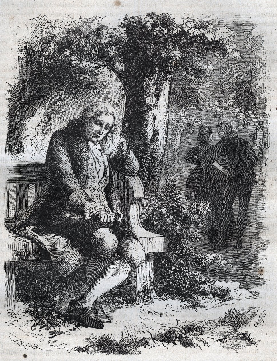 他听到了一个吻的低语"。瑞士哲学家让-雅克（Jean-Jacques）-卢梭（1712-1778）让他的伴侣玛丽-泰蕾兹（Marie Therese）-勒瓦瑟尔（Levasseur）（1721-1801）完全通奸的时候感到惊讶。1871年的雕版画，载于《Histoire Des Cocuses》中 作者 法语学校