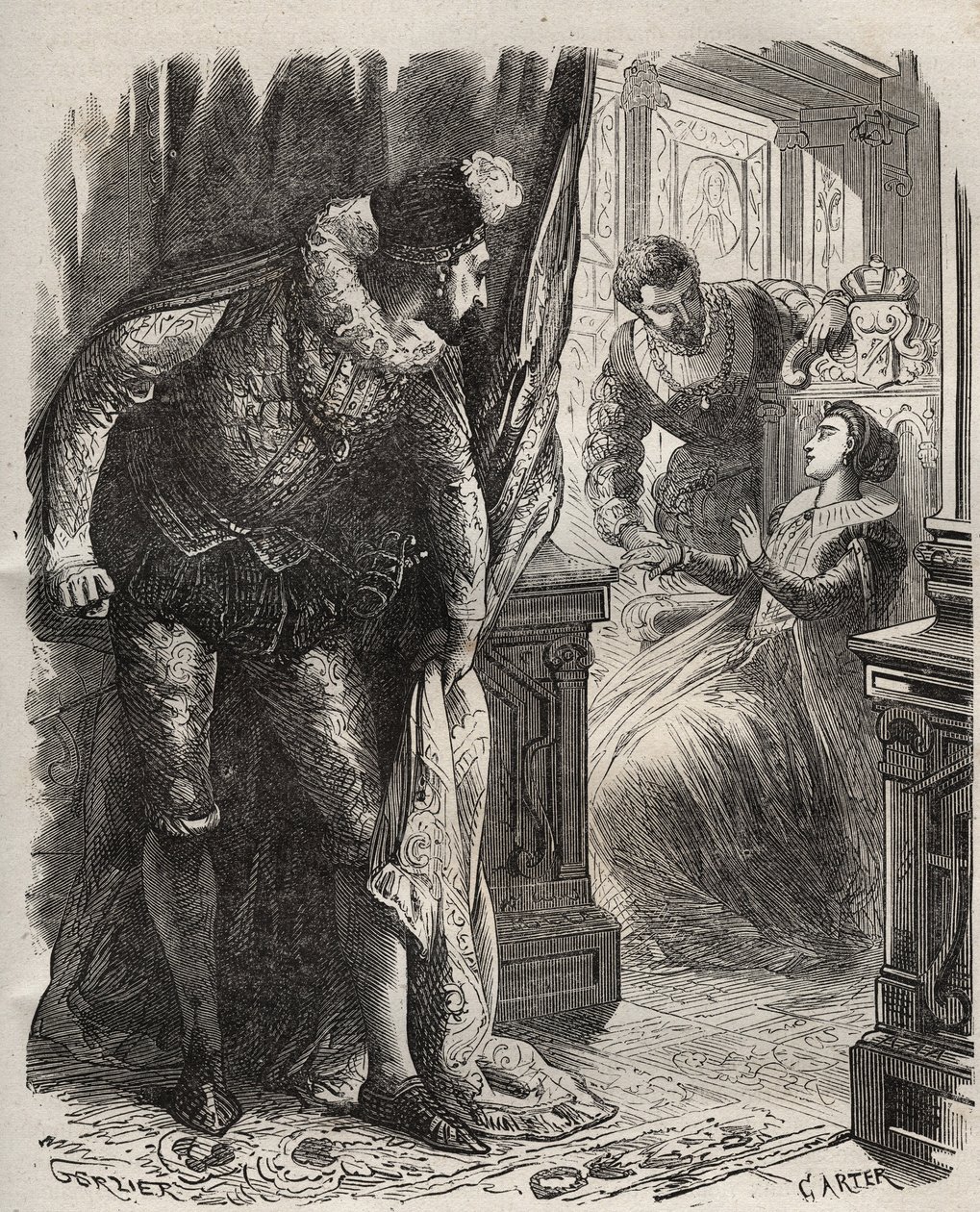 亨利（Henry）-斯图亚特（Stuart）dit Darnley勋爵（1545-1567）为他的妻子玛丽（Mary）-伊雷-斯图亚特女王（1542-1587）和他的私人秘书大卫-里齐奥（David Rizzio，卒于1566年）感到惊讶。亨利-德-科克（Henry de Kock）（1819-1892）在 "Histoire Des Cocuses Celebres "中的1871年版画。 作者 法语学校