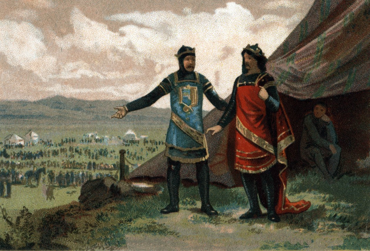 Henry I, King of France (1008-1060) received the Duke of Normandy Robert the Devil (also known as Le Magnifique) and provided him with an army to regain his kingdom. Chromolithography around 1890. 作者 法语学校