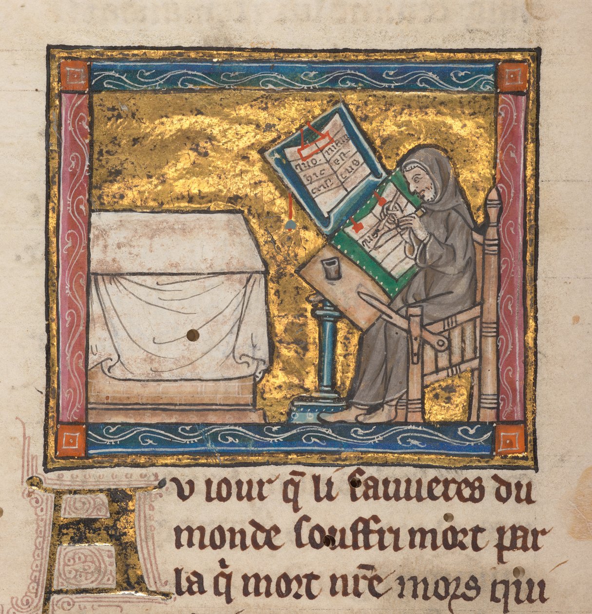 隐士在书桌前书写，微型画《Estoire del Saint Graal，La Queste del Saint Graal，Morte Artu》，c.1315-25（羊皮纸上的墨水） 作者 法语学校