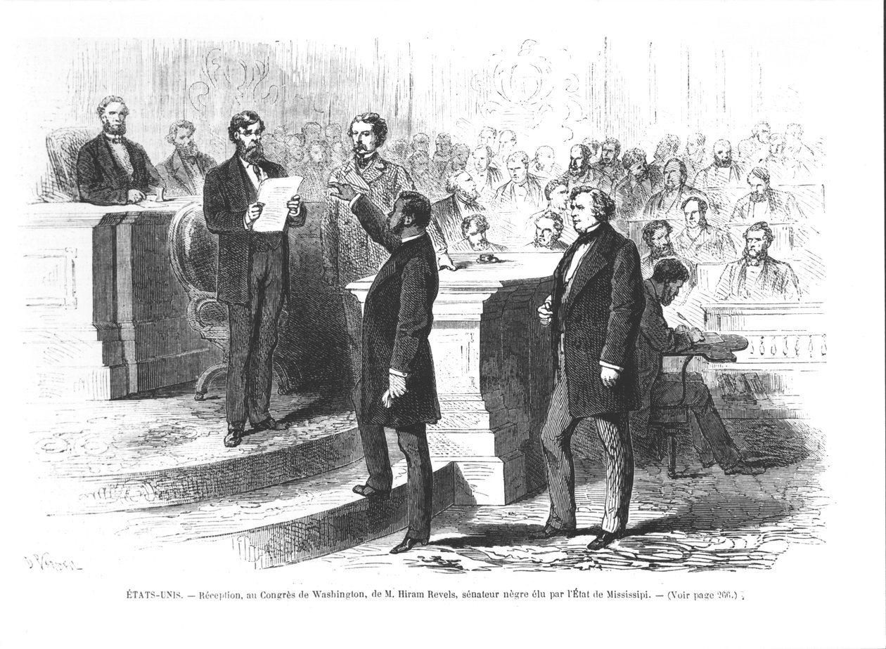Hiram Revels是密西西比州第一位黑人参议员，正在宣誓就职于华盛顿国会 作者 法语学校
