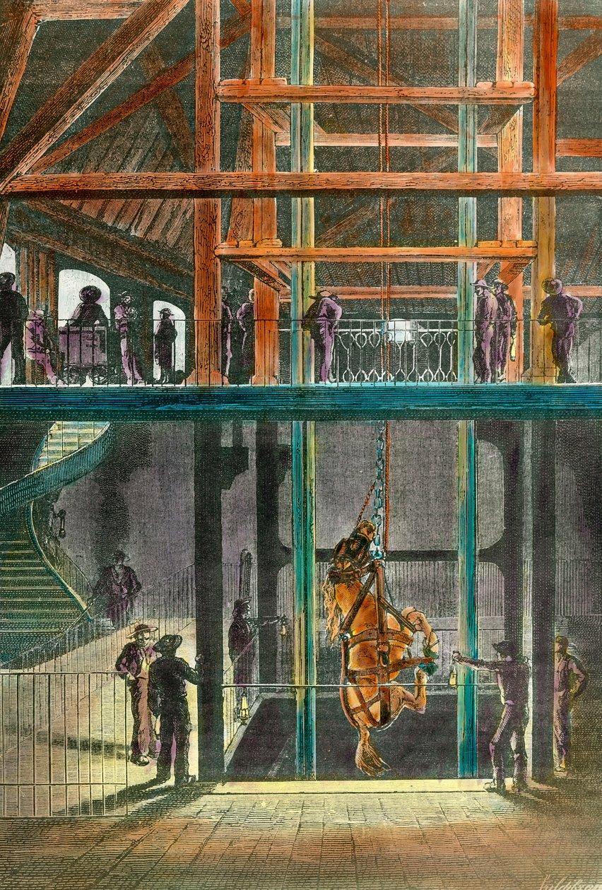 1865 年，克雷索矿井中的马下山。19 世纪版画。私人收藏。 作者 法语学校