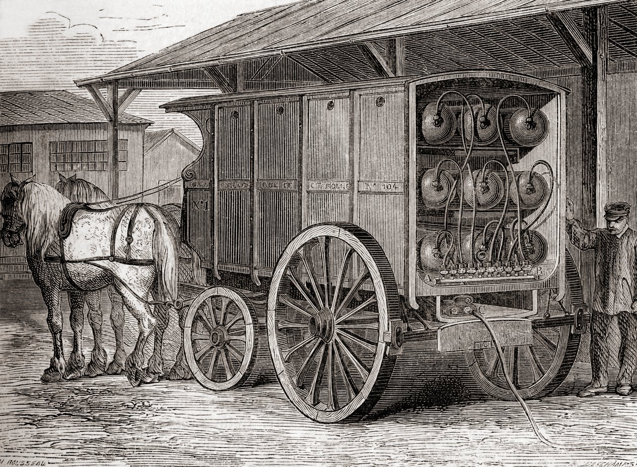 Horse drawn vehicle used to transport compressed gas in portable containers in the 19th century, from Les Merveilles de la Science, published c.1870 (engraving) 作者 法语学校