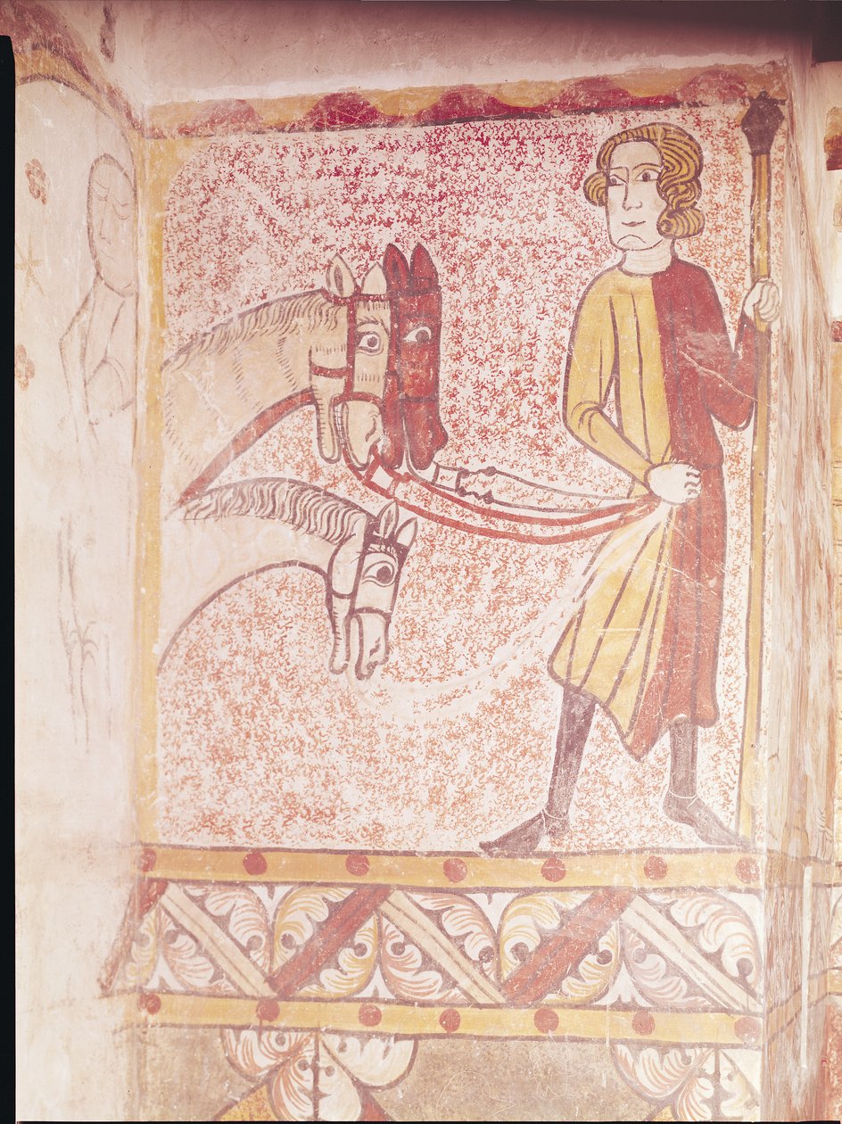 骑马持有三匹马的缰绳，从北墙，c.1265 作者 法语学校