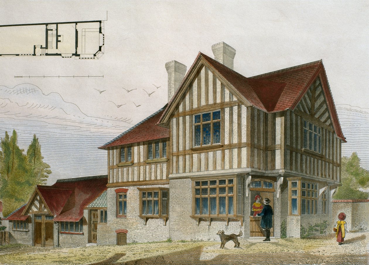 伦敦地区的一位小店主的房子，1884年Le Moniteur des architectes的插图，由Paul Louis Bury（19世纪）刻（彩色雕刻） 作者 法语学校