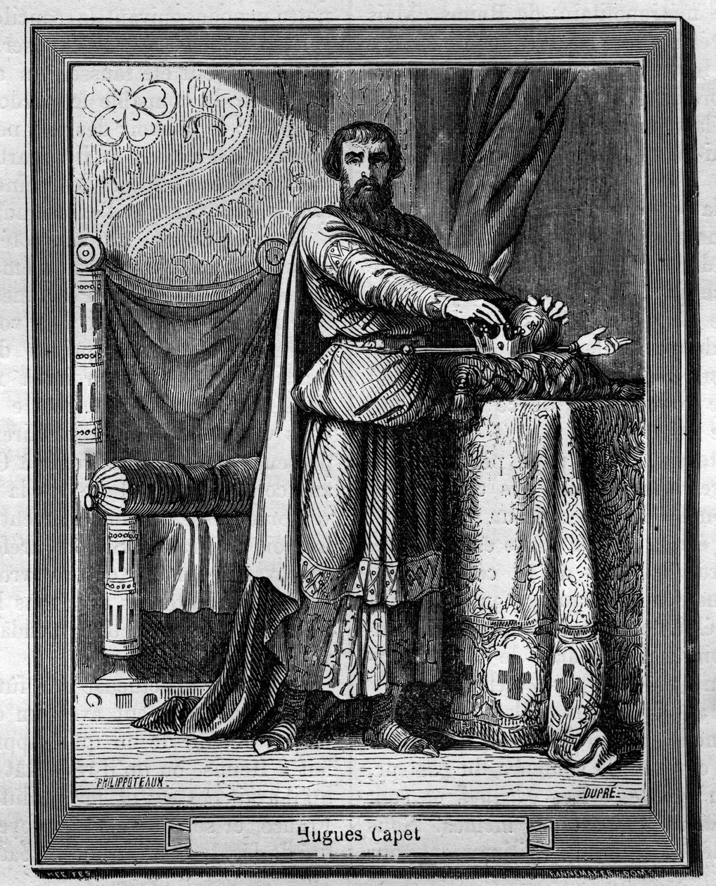 Hugues Capet (940-996)法兰克国王(底部) Maurice Lachatre的 "Histoire des papes-kings-queens-et-empereurs a travers les centuries "中的雕版画 作者 法语学校