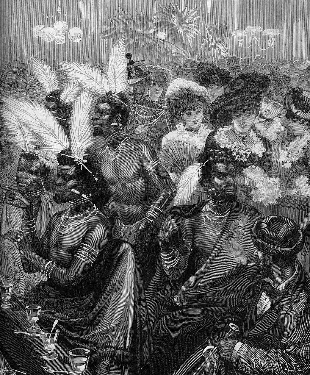 人类动物园。1879年在巴黎Folies-Bergeres(Folies-Bergeres)歌舞厅的一间小屋中展出的祖鲁战士。1879年11月21日《世界画报》第1178期上的版画。 作者 法语学校