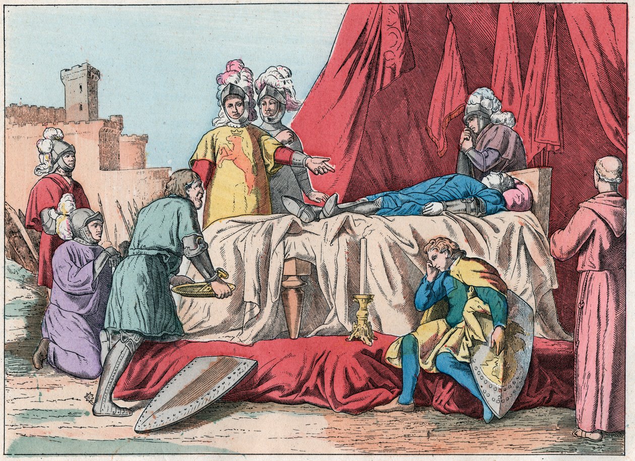 百年战争："La mort de Bernard du Guesclin (1320-1380) devant Chateauneuf de Randon le 13/07/1380"--Duguesclin之死(1380年7月13日围攻Chateauneuf-de-Randon期间)--19世纪末《Nos Gires》中的雕刻。 作者 法语学校