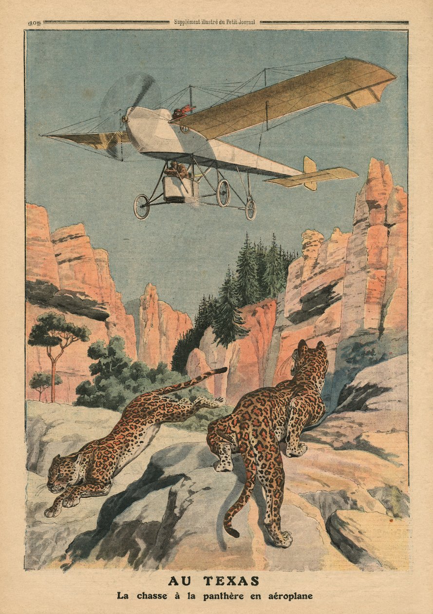 狩猎黑豹从德克萨斯州的一架飞机，插图从&39;Le Petit Journal&39;，补充illustre，1911年12月17日 作者 法语学校