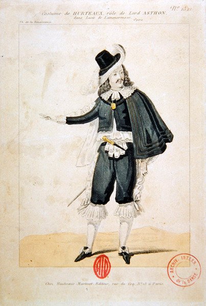 Hurteaux扮演Lord Enrico Ashton，在歌剧Lucie de Lammermoor，由Gaetano Donizetti（1797-1848）（彩色版画） 作者 法语学校