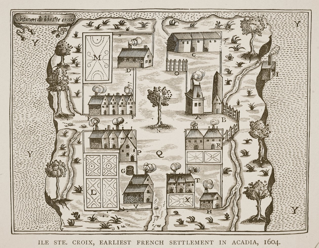 Ile Ste。 Croix，1604年阿卡迪亚最早的法国殖民地，来自Voyages by Samuel de Champlain（c.1580-1635），1613 作者 法语学校