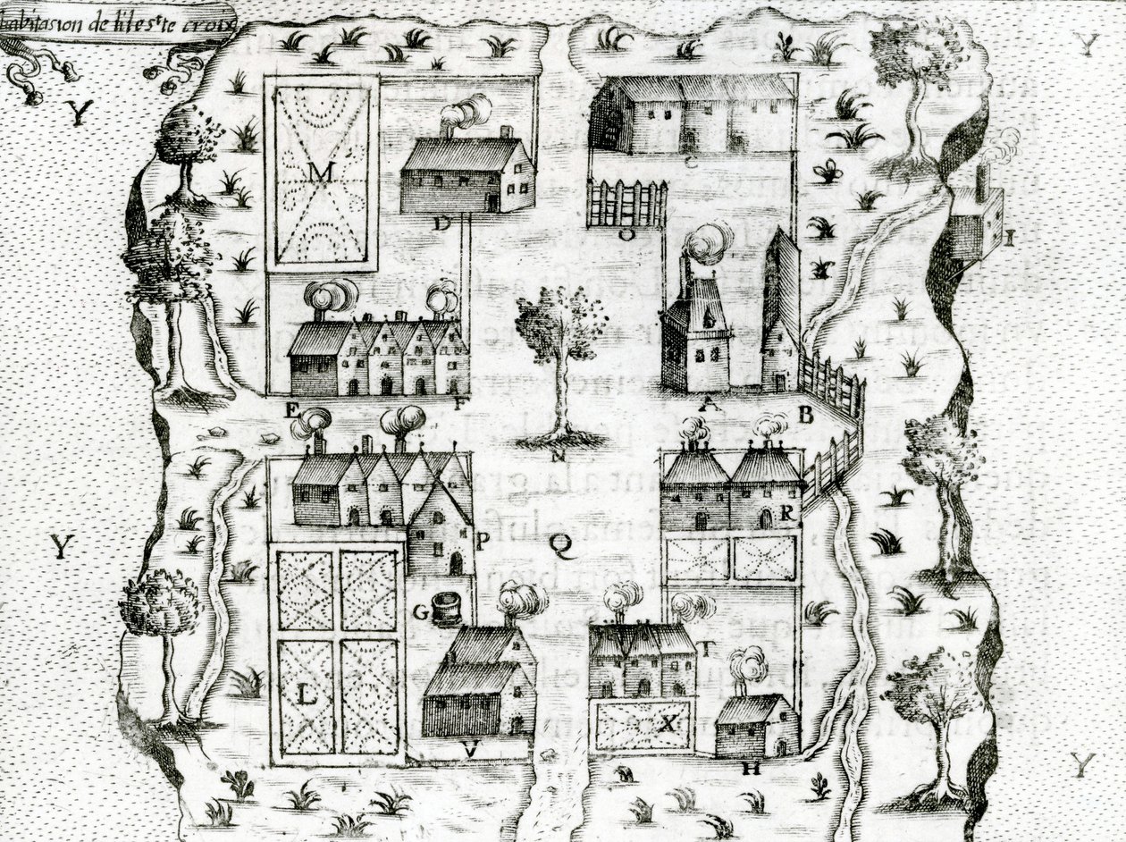 Ile Ste。 Croix，1604年阿卡迪亚最早的法国殖民地，来自Voyages by Samuel de Champlain（c.1580-1635），1613 作者 法语学校