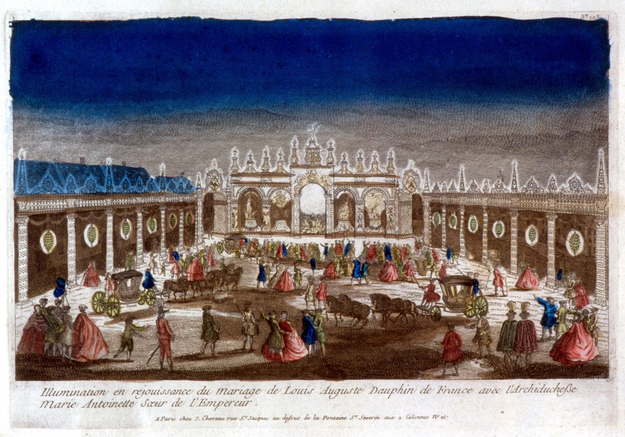 庆祝法国海豚路易·奥古斯特 (Louis XVI) 与皇帝的妹妹玛丽·安托瓦内特大公结婚的照明 - 雕刻 作者 法语学校