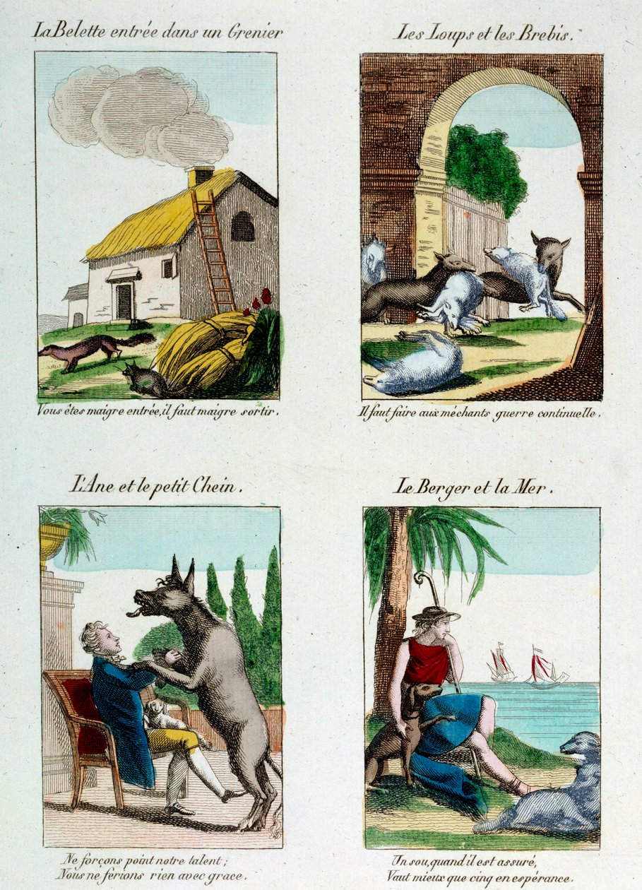 Jean de La Fontaine的寓言故事（1621-1695）的插图板：黄鼠狼进入阁楼，狼和羊，驴和狗，牧羊人和海。版画 作者 法语学校
