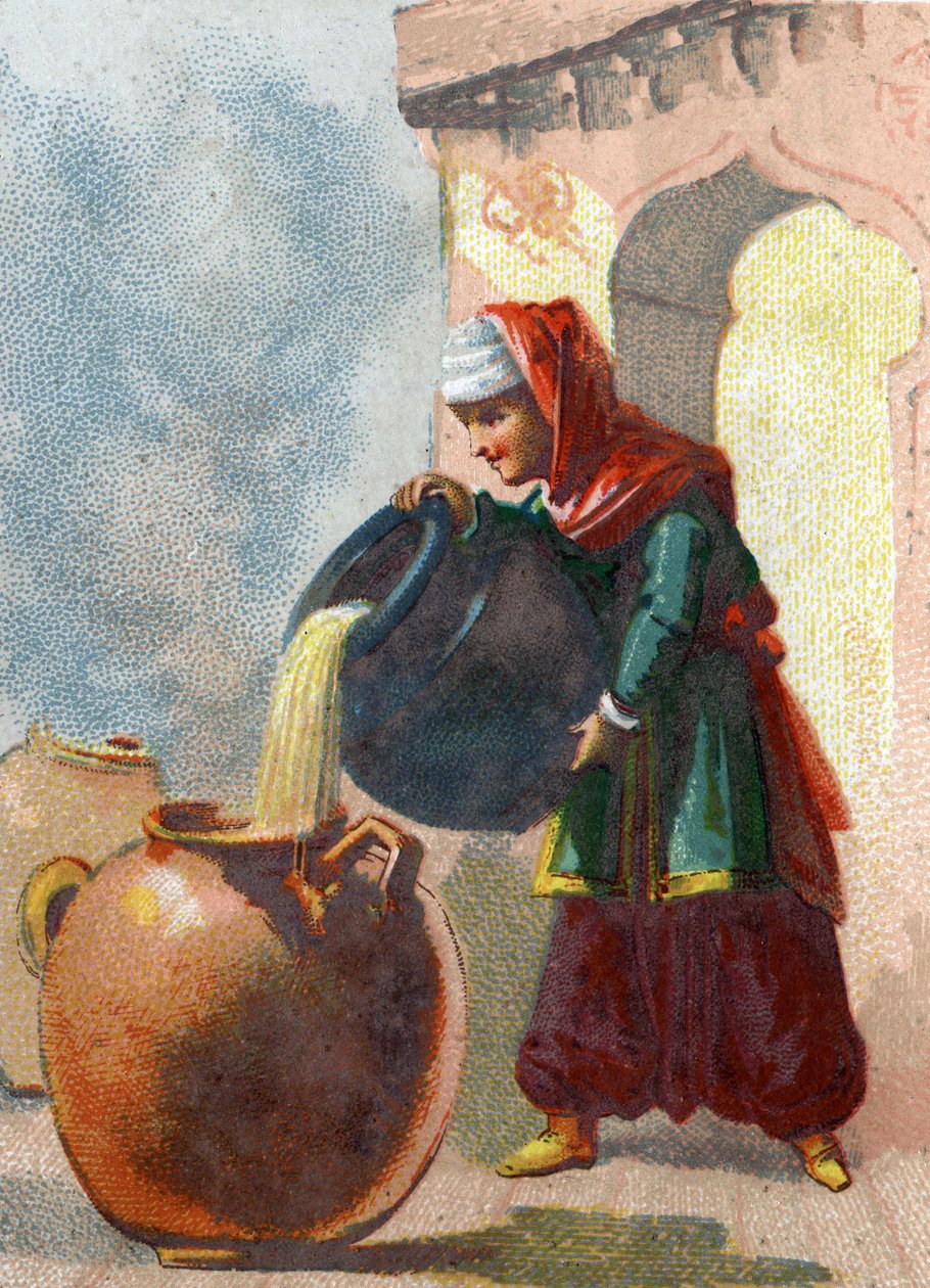 Illustration for the Tales of the Thousand and One Nights. Morgiane, a slave of Ali Baba (Ali Baba), realizing that the vases contained thieves, took away their lives by pouring boiling oil into each vessel. Chromolithography around 1890. 作者 法语学校