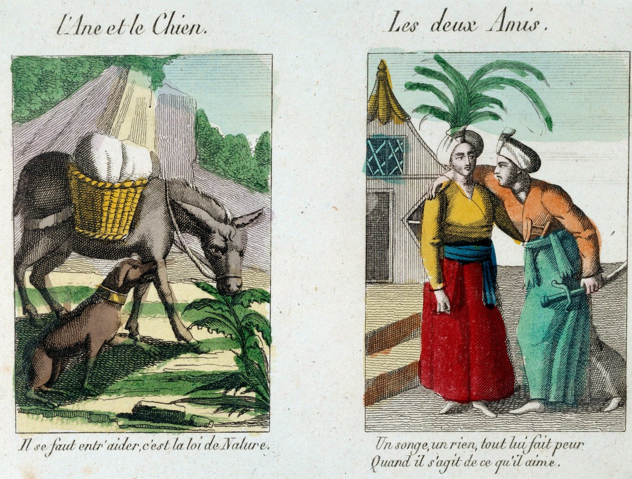 让-德-拉封丹（1621-1695）的寓言插图：左边是《驴子和狗》，右边是《两个朋友》，19世纪的版画。拉封丹博物馆，蒂埃里城堡 作者 法语学校