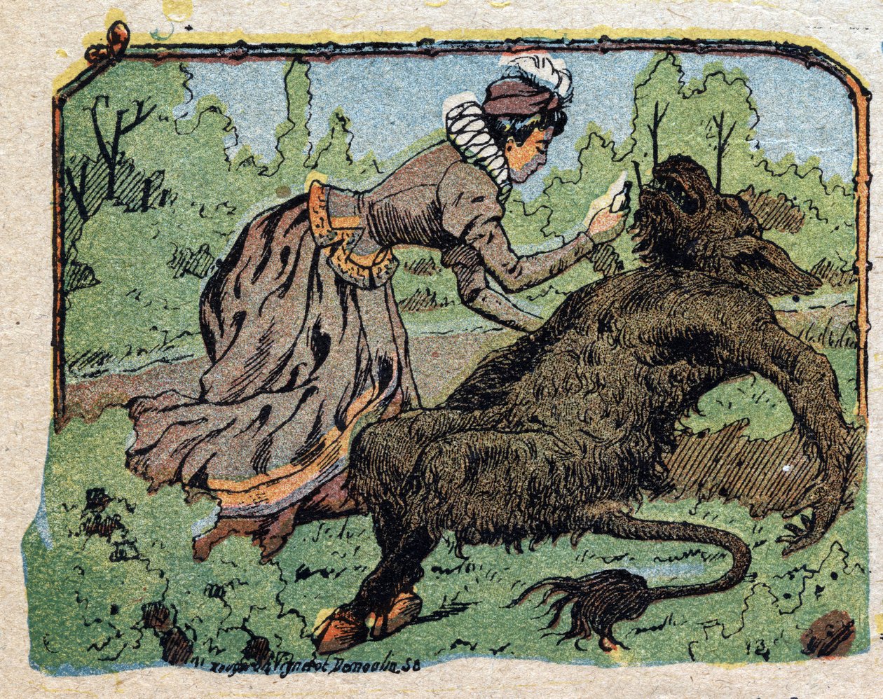 Illustration for the tale “Beauty and the Bete””: the beautiful revived the bete fainted with pain when she refused to propose marriage. Engraving of Quinn imagery, circa 1890. 作者 法语学校