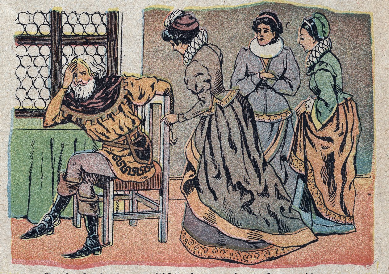 故事《美女与贝特》的插图：商人在痛苦中迷失。奎恩意象的雕刻，约1890年。 作者 法语学校