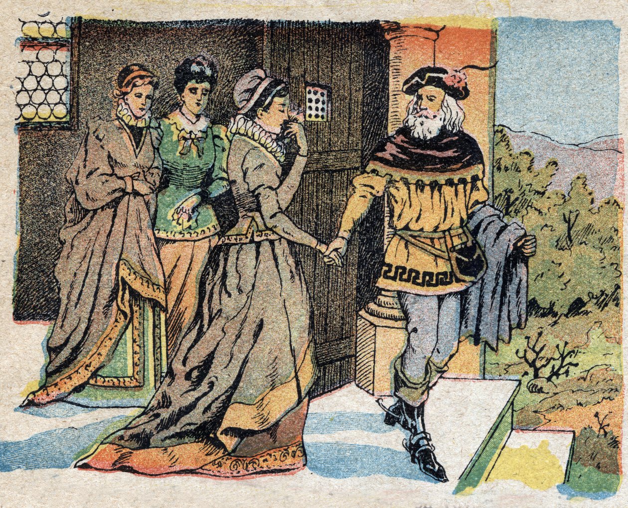 故事“La Belle et la Bete”的插图：出差的商人告别了他的三个女儿，并承诺在他回来时给她们一份礼物。 奎因图像的雕刻，大约 1890 年。 作者 法语学校