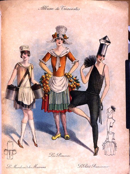 来自 "Travestis专辑 "的插图，约1920-30（彩色平版印刷）。 作者 法语学校
