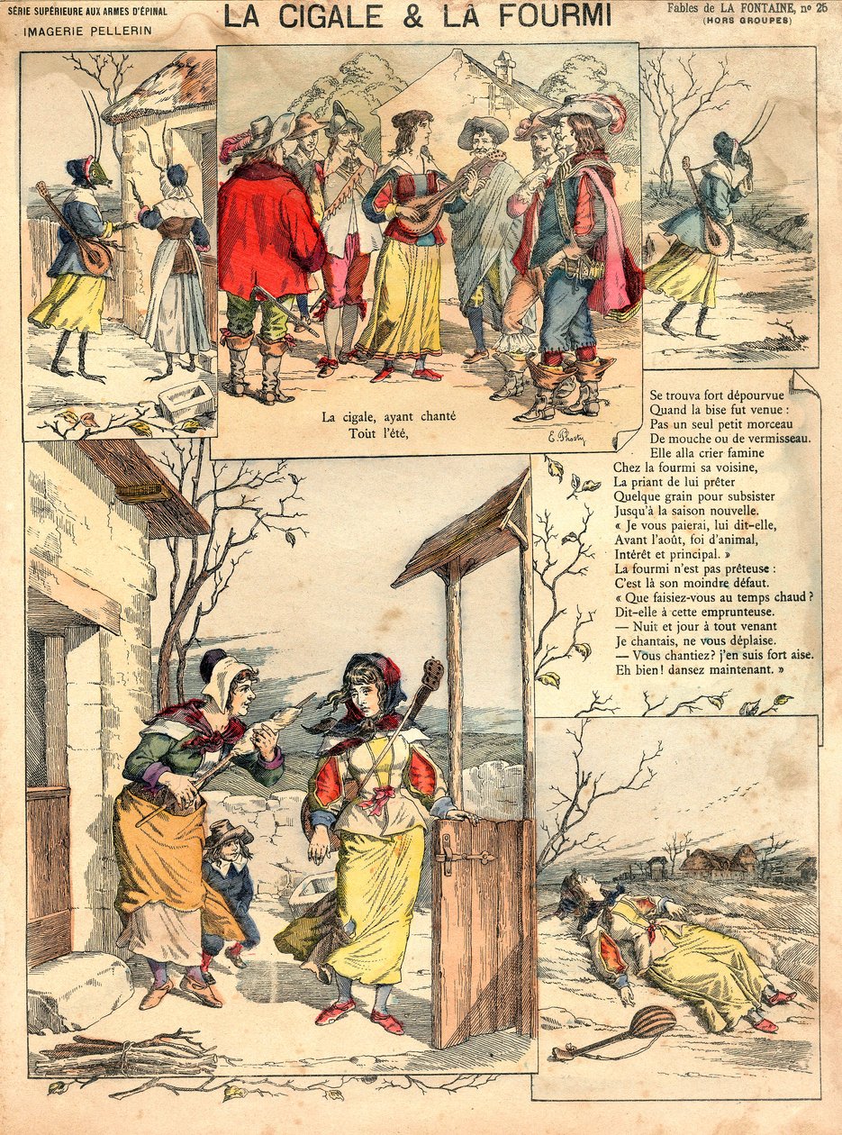 拉封丹寓言《蝉与蚁》插图，雕刻，约 1890 年 作者 法语学校