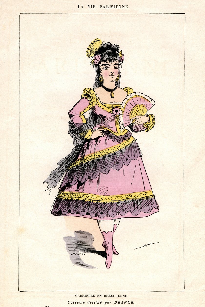 Jacques Offenbach 根据 Ludovic Halevy 和 Henri (Henry) Meilhac 的歌词改编的小品和歌剧（歌剧-美食）"La Vie Parisienne "的插图，由 Illustree 书店出版 1875 年 - Gabrielle in Bresilienne：Draner（1833-1926 年）绘制的服装图 作者 法语学校