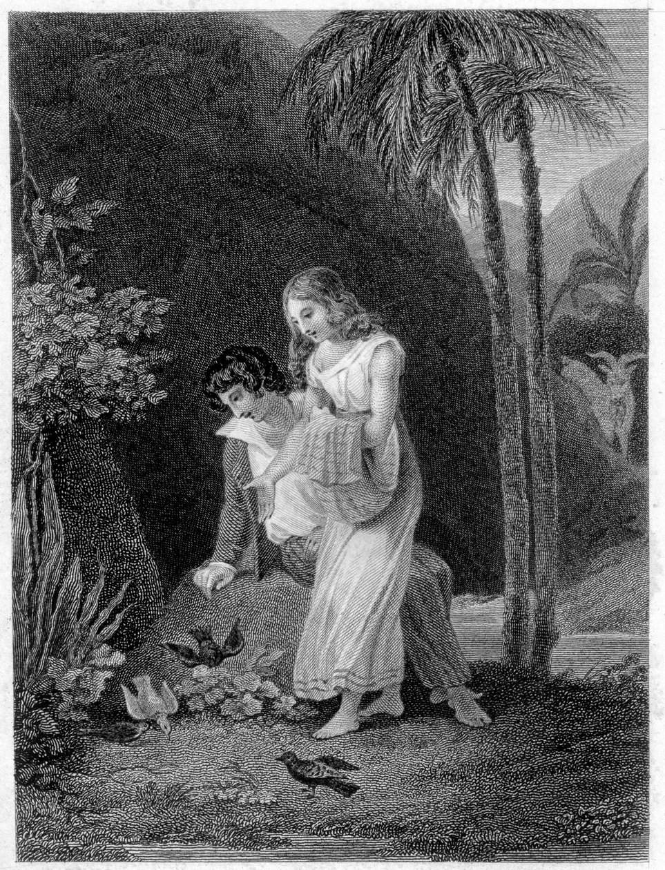 Illustration of “Paul and Virginia””. Roman by Henri Bernardin de Saint Pierre (Saint-Pierre or St-Pierre), French writer (1737-1814). 作者 法语学校