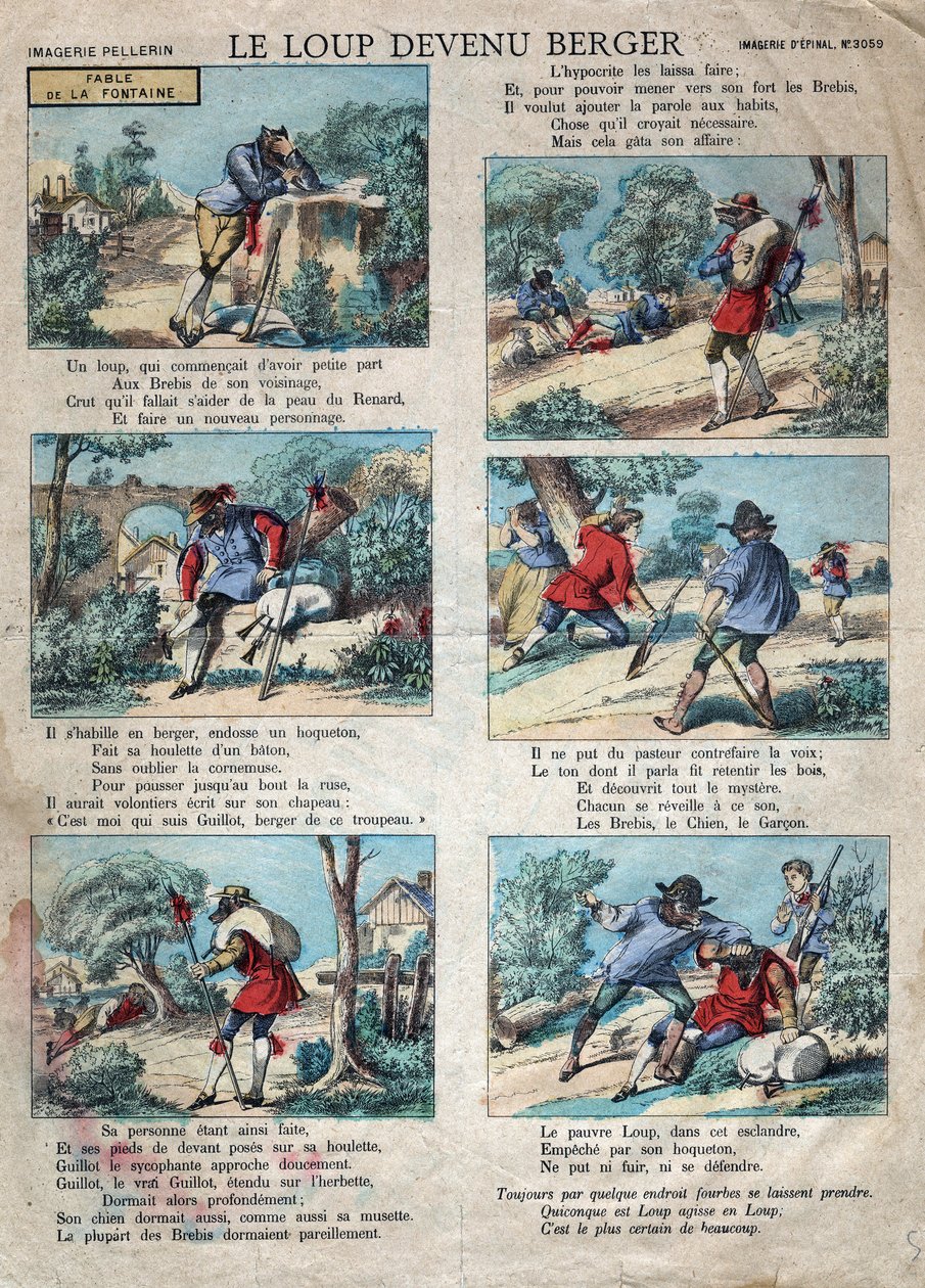 Jean de la Fontaine（1621-1695）的寓言插图：狼变成了牧羊人。19世纪末的埃皮纳尔成像。 作者 法语学校