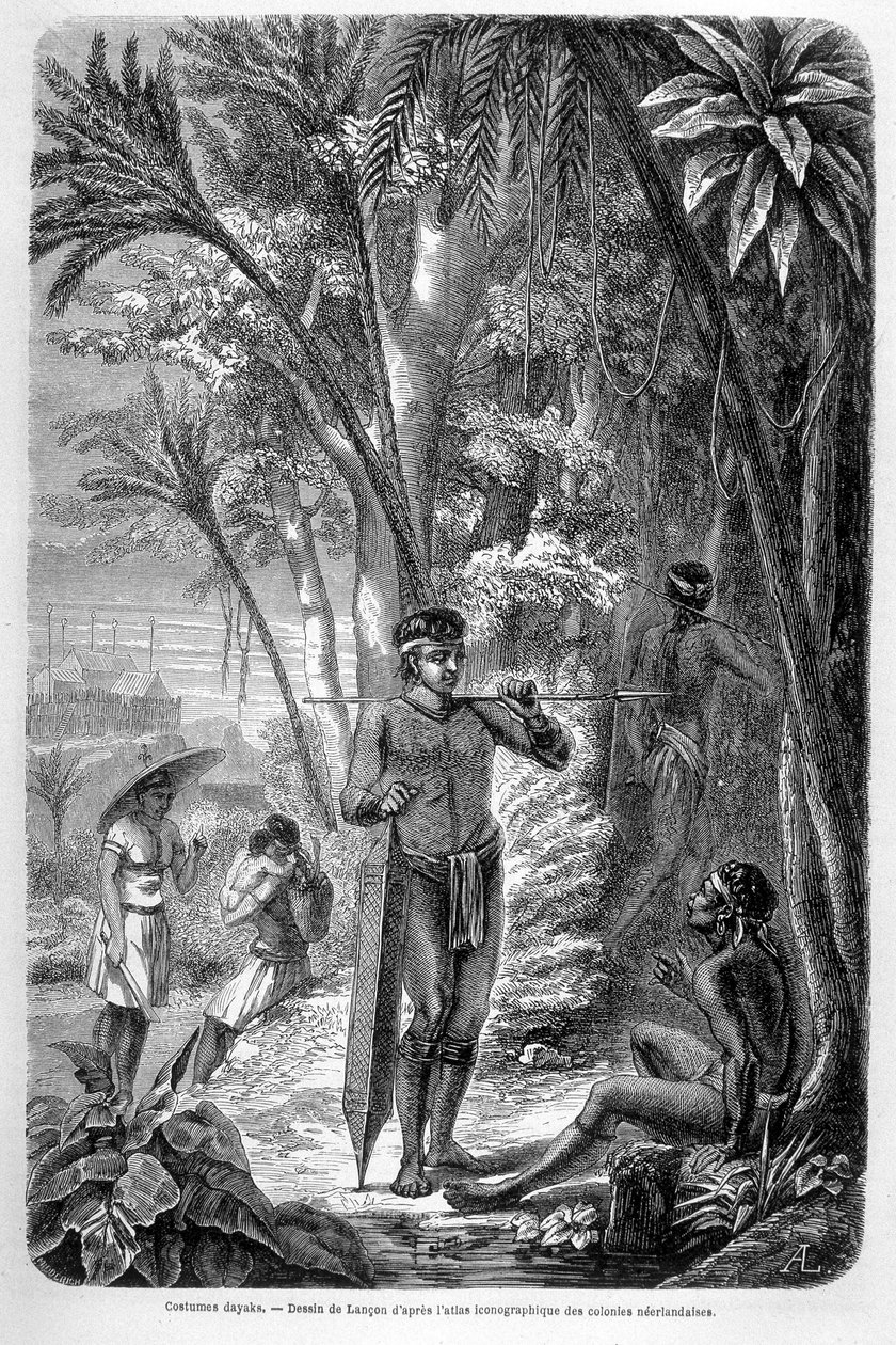 这幅插图发表于 1862 年版的《Le Tour du monde》，描绘的是婆罗洲岛上的达雅克居民。雕刻。 作者 法语学校