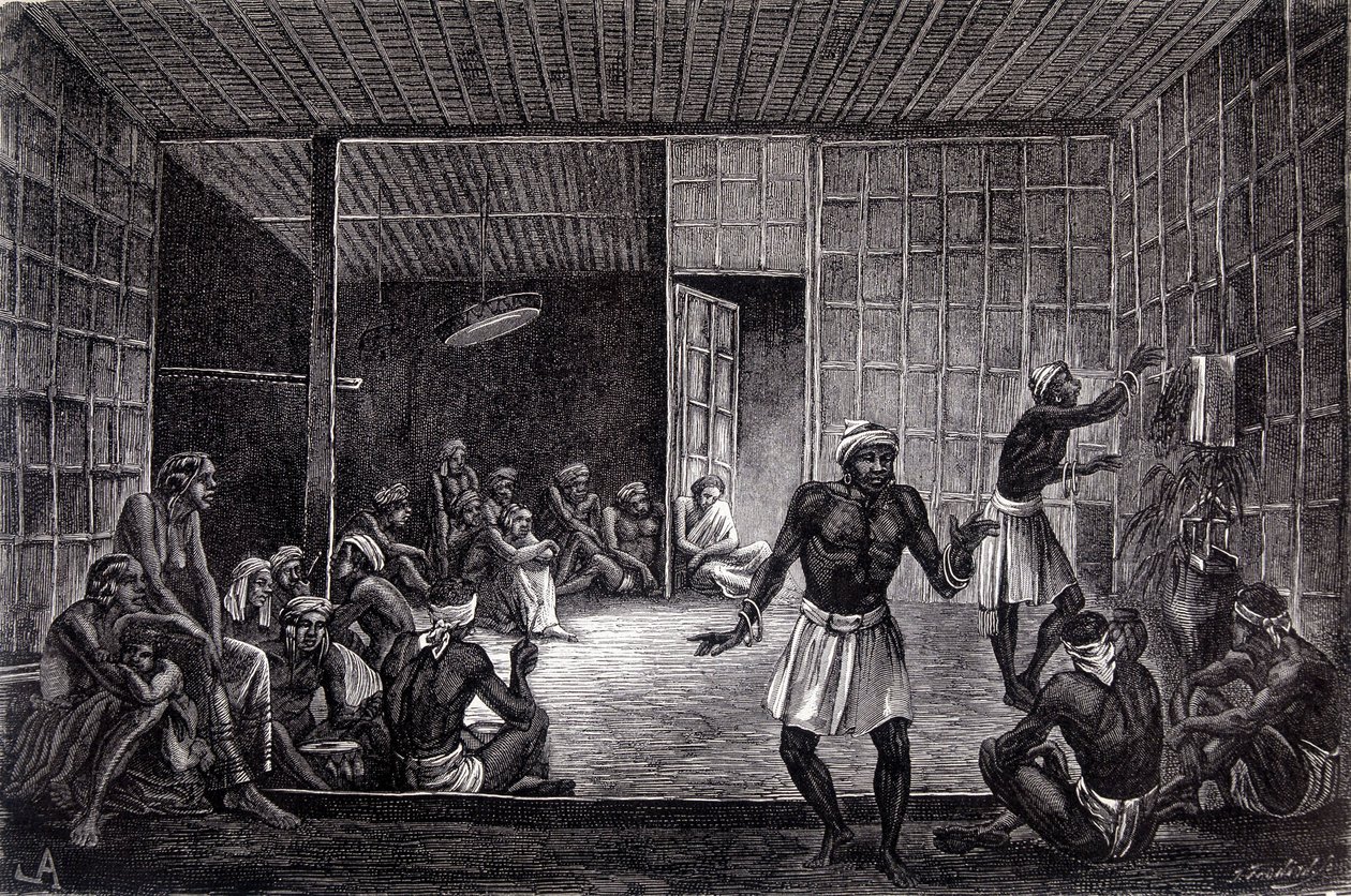 发表在1862年版《世界之旅》中的插图，描绘了婆罗洲岛上的达亚克人所进行的驱魔仪式。雕刻。 作者 法语学校