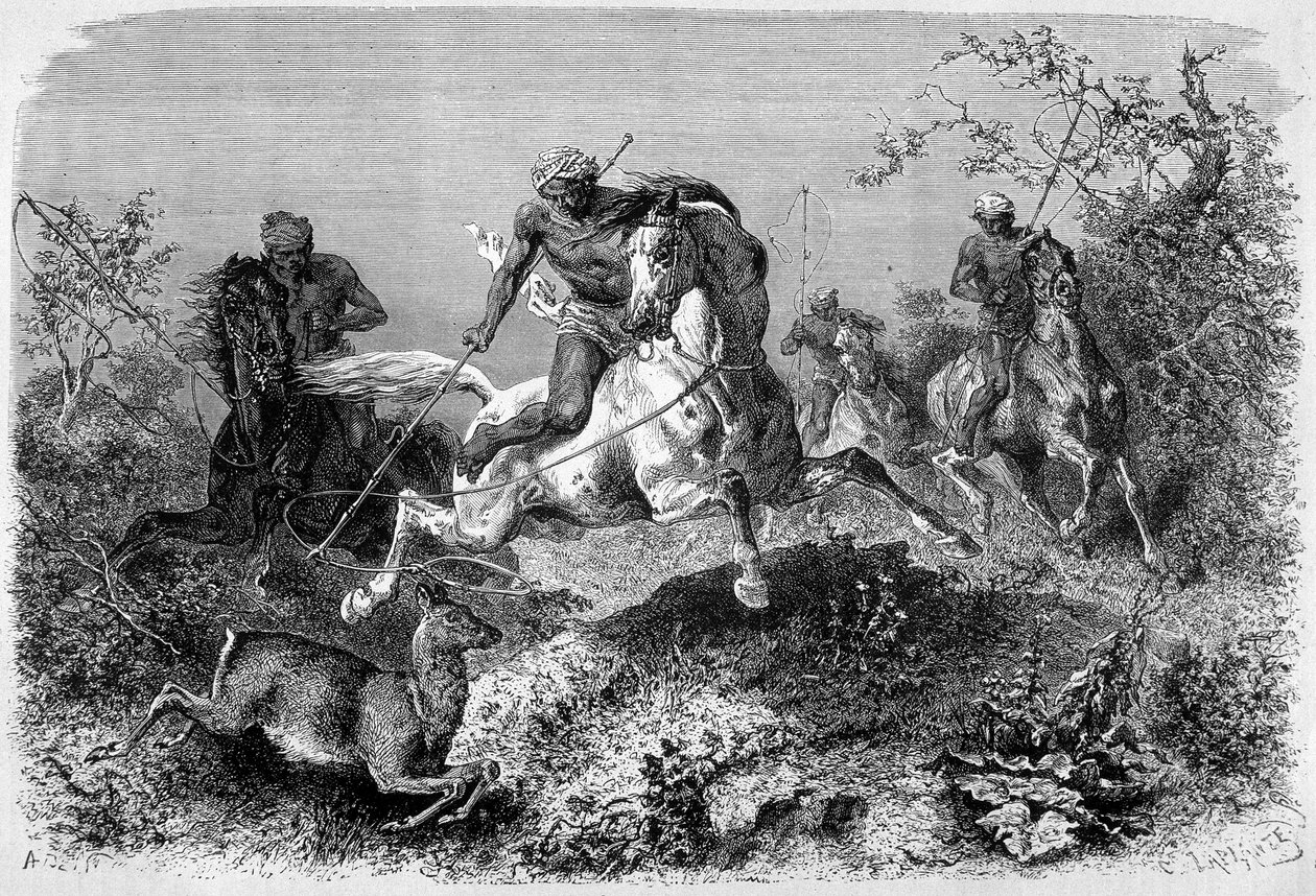 1870 年至 1871 年在“Le Tour du monde”版中发表的插图描绘了婆罗洲岛上的一次狩猎。 雕刻。 作者 法语学校