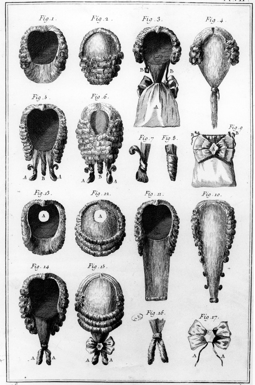 各种假发时装的插图，第七卷，第8卷，来自Diderot的Encyclopedie des Sciences et Metiers，出版于1770年 作者 法语学校