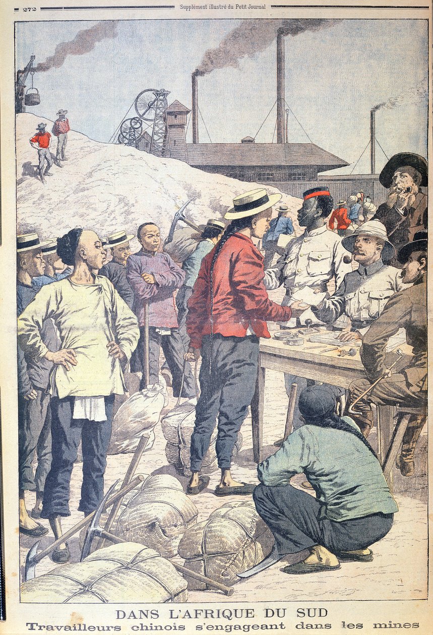 导致中国劳工于1904年在南非的金矿工作，来自Le Petit Journal，1904年的插图 作者 法语学校