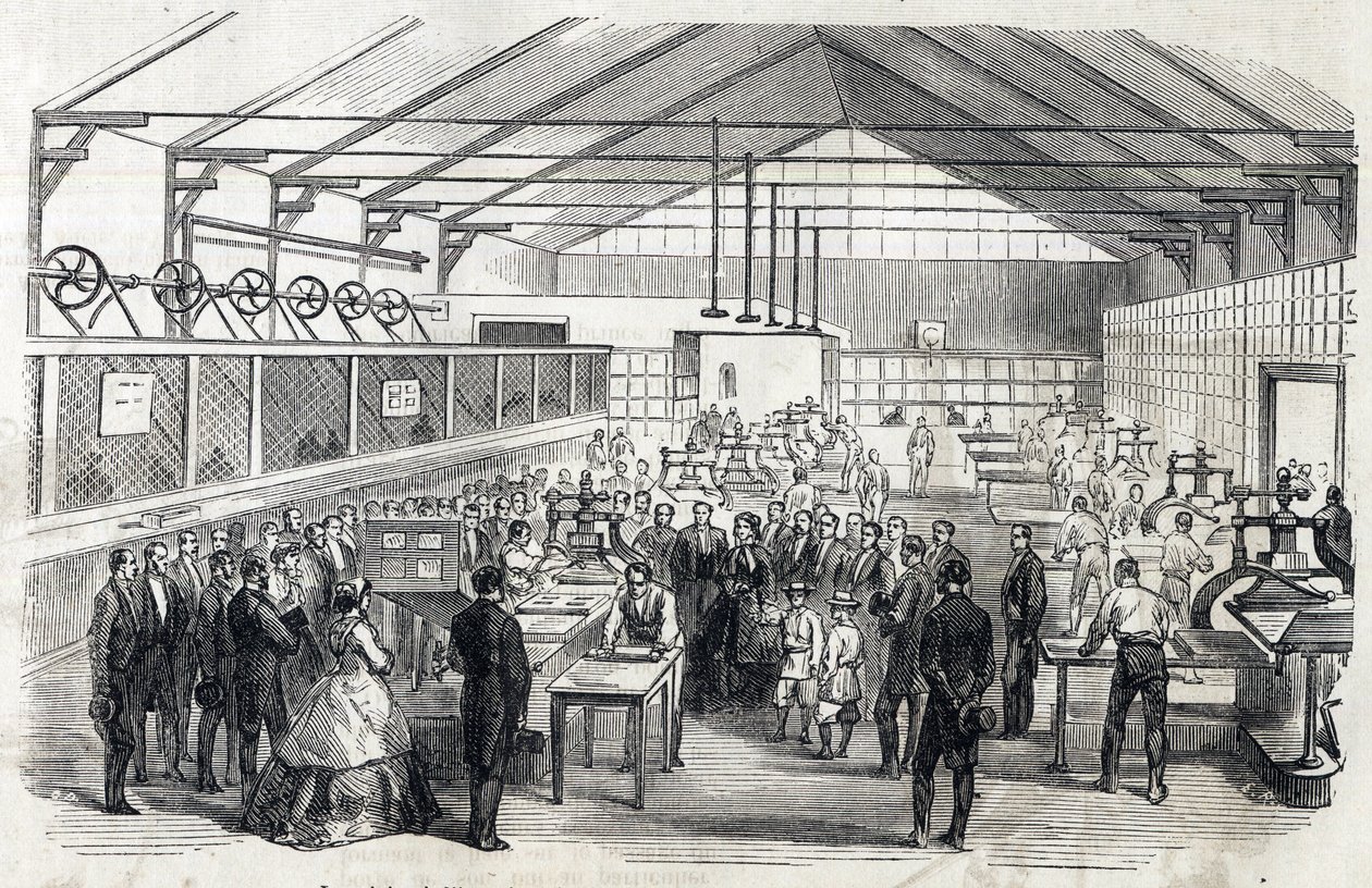 欧也妮和皇太子访问法兰西银行，1866年6月23日--印制钞票--雕刻在Le MONDE Illustrous DU 07/07/1866上 作者 法语学校