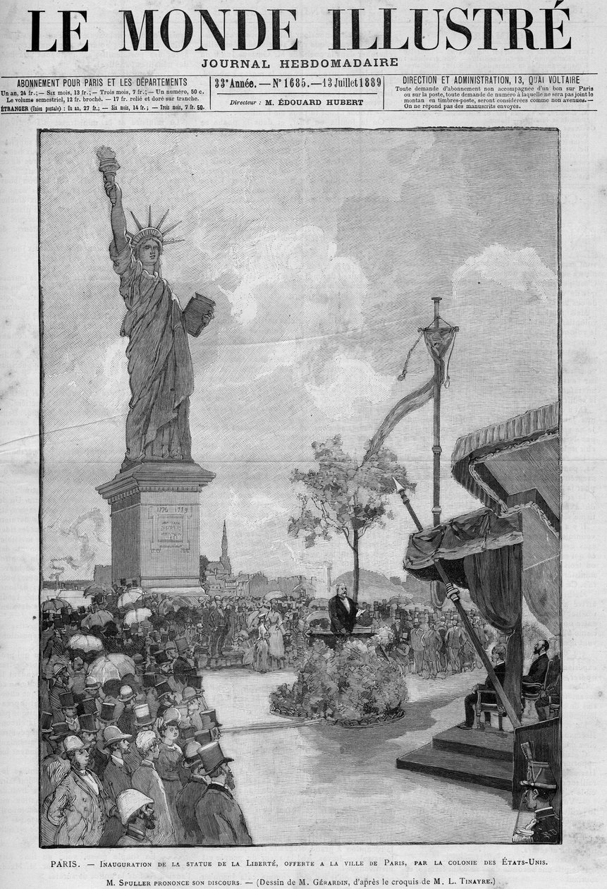 1889年7月4日，巴黎自由女神像的落成典礼：法国外交部长尤金-斯普勒（1835-1896）的讲话。这座雕像是由美国社区提供给巴黎市的，以纪念美国政府成立100周年。 作者 法语学校