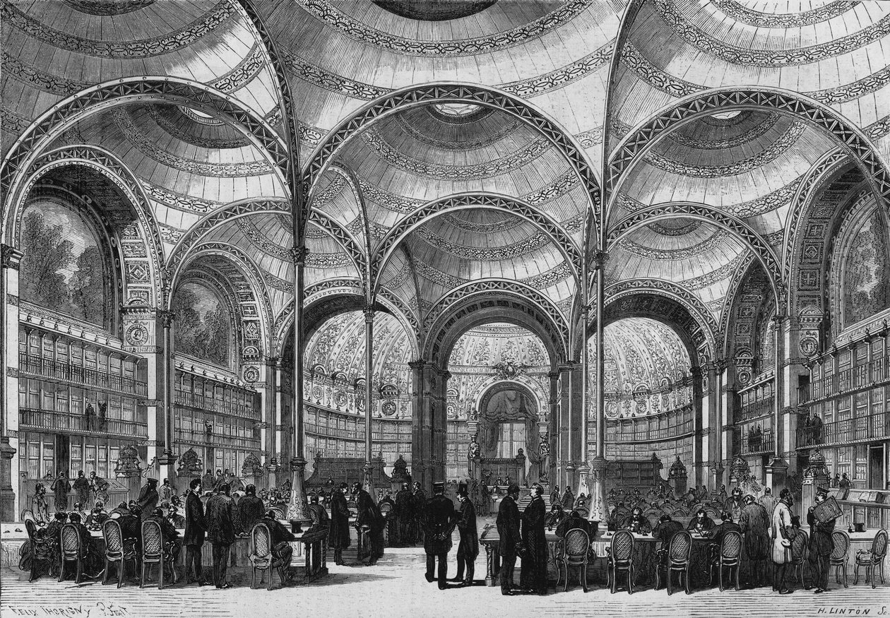 巴黎帝国图书馆新阅览室的落成典礼，1868年6月13日，由建筑师皮埃尔-弗朗索瓦-亨利-拉布罗斯特（1801-1875）建造。1868年6月27日在《世界画报》第585期上的版画。 作者 法语学校