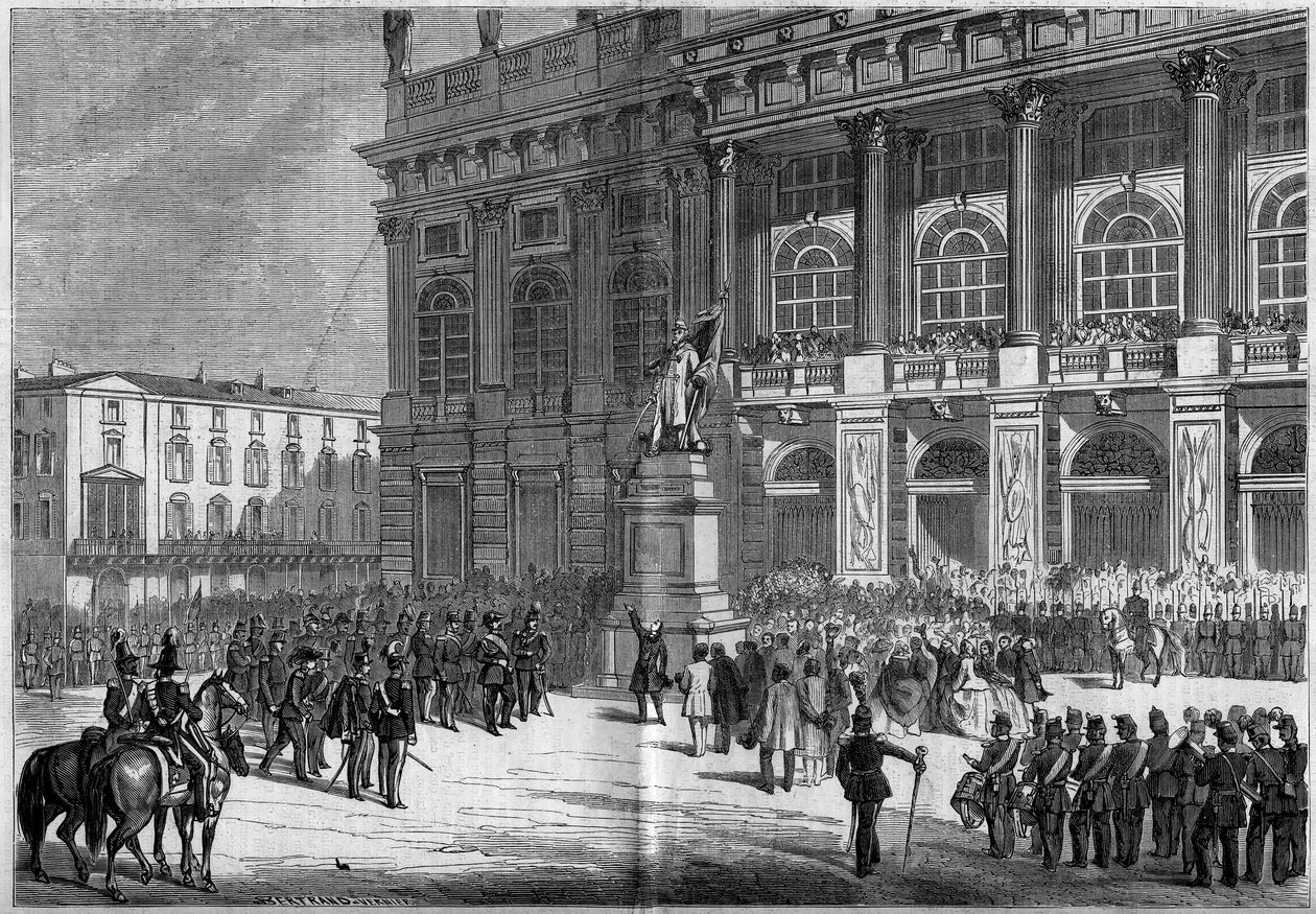 1859年4月10日，文森佐-维拉（1820-1891）在都灵（意大利）的城堡广场为撒丁岛的纪念碑举行落成典礼。雕像后面是 "玛达玛宫"。根据费里先生的草图绘制。18年4月23日《世界画报》第106期上的版画 作者 法语学校