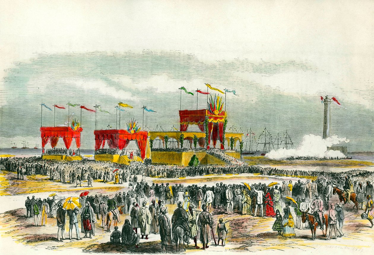 1869年埃及苏伊士运河的开工典礼："Te deum "在塞得港唱响。这条运河是为了连接红海和地中海而修建的。 作者 法语学校