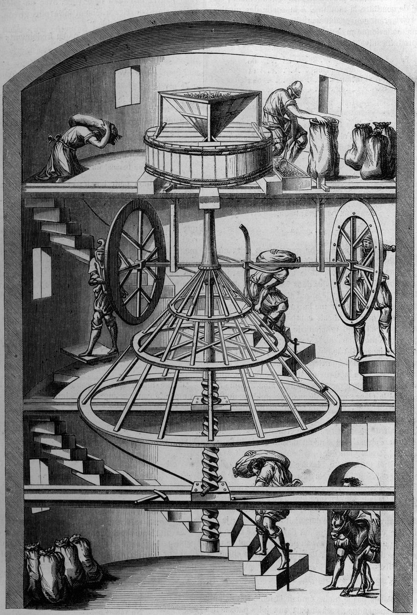 16世纪磨坊的内景；Androue du Cerceau在 "Le Magasin picturesque "中的版画。 作者 法语学校