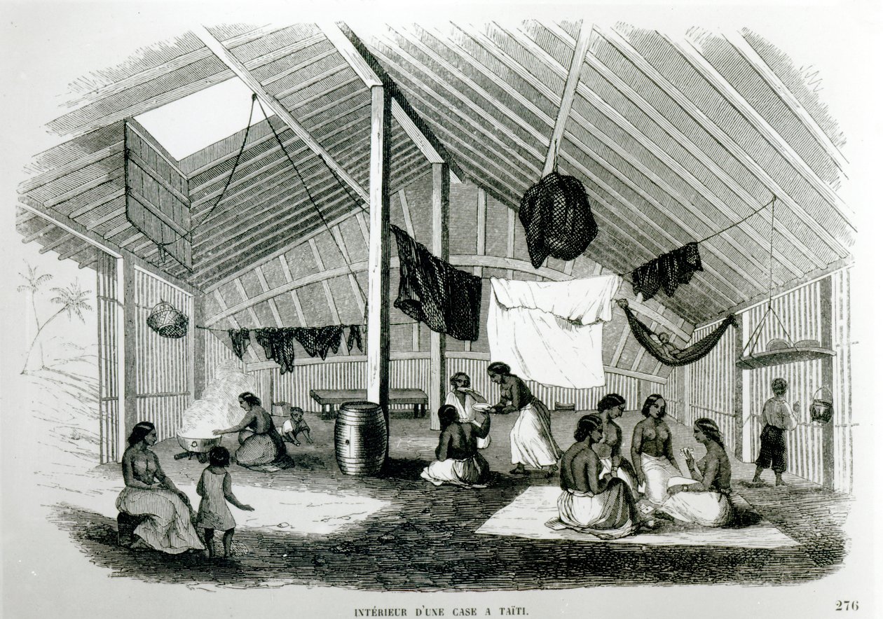 在1848年的尤金·德莱塞特（Eugene Delessert）的“两个海洋中的旅行”中，一个塔希坦小屋（Tahitan Hut）内部 作者 法语学校