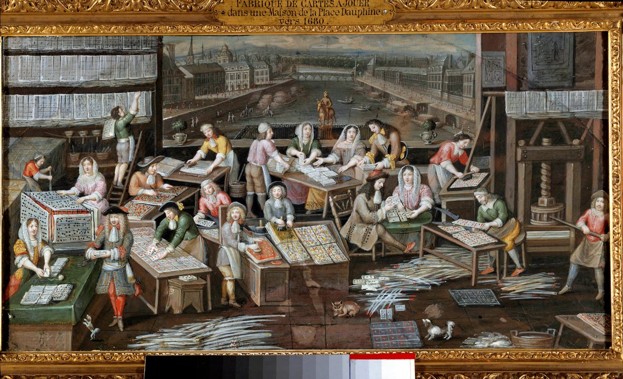 Inside a play card factory in a Place Dauphine house in Paris The various stages of card making and selling are described. Painting of the French School. 1680 around Paris, Musee Carnavalet 作者 法语学校