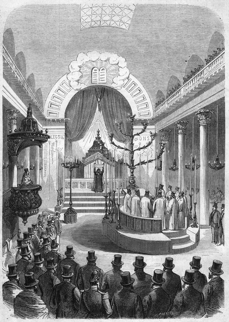 1864年波尔多征兵的首席拉比在该市的犹太教堂里的就职典礼。根据Duffet先生的草图雕刻。 作者 法语学校