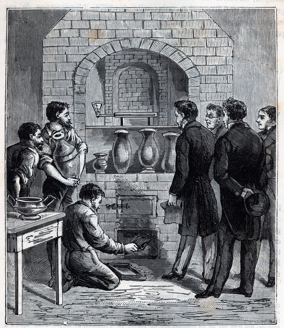法国科学家Alexandre Brongniart (1770 - 1847)在塞夫勒制造的高温计的安装 - Alexis Clerc的 "Sciences mises à la gratete de tous - physics et chimie populaires "中的版画 - 19世纪末。私人收藏。 作者 法语学校