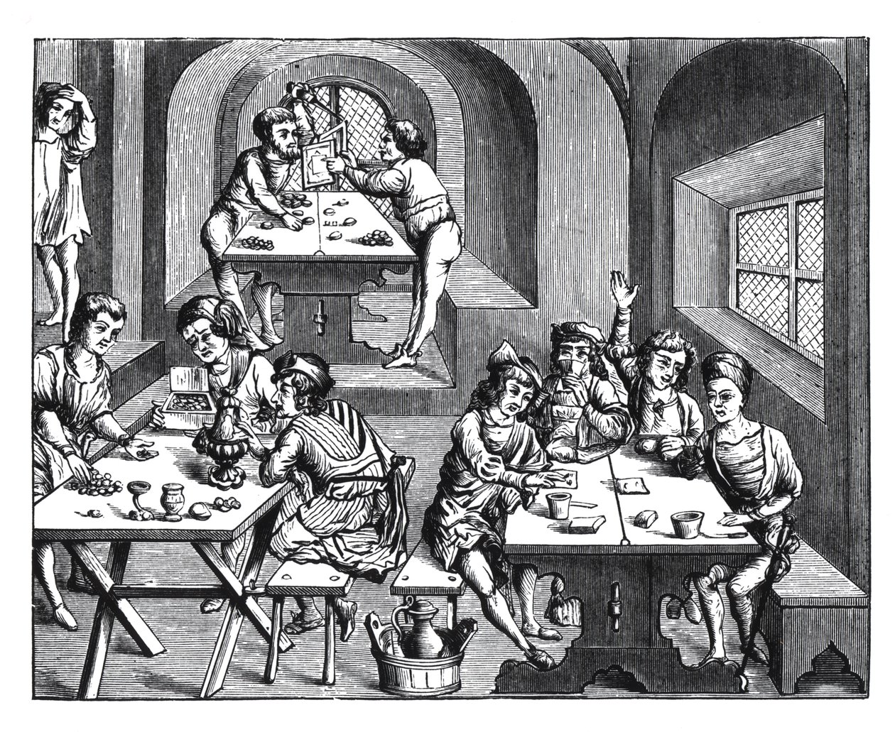 一个旅馆的内部，在维吉尔的对开版木刻后，出版了里昂，1517年 作者 法语学校