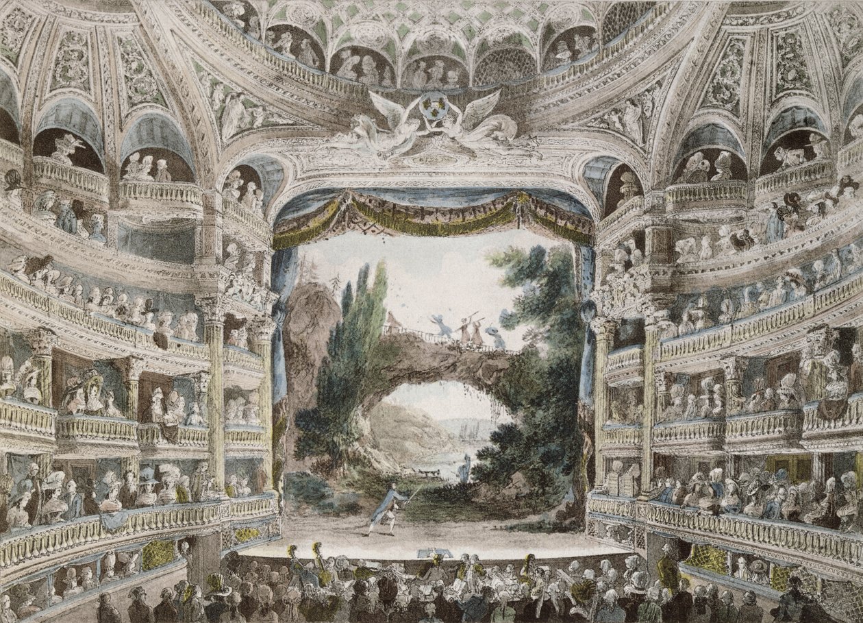 1791年的Comedie Francaise剧院的内部，在原始水彩以后 作者 法语学校