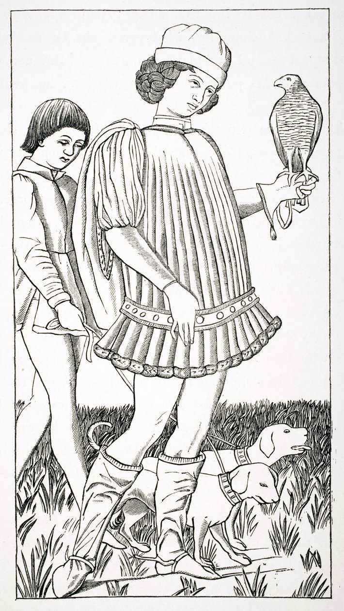 意大利贵族持有一只鹰，在铜牌上刻有一张扑克牌，c.1460，来自&39;Le Moyen Age et La Renaissance&39;，由Paul Lacroix（1806-84）出版，1847年出版 作者 法语学校