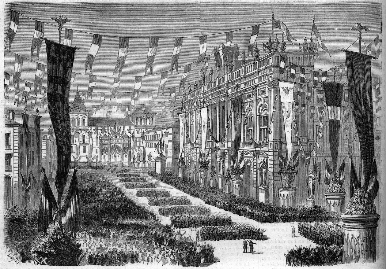 意大利统一，都灵，1860年4月2日：在意大利议会开幕之际对城堡广场（Piazza Castello）的装饰。1860年4月14日《世界画报》第157期上的版画。 作者 法语学校