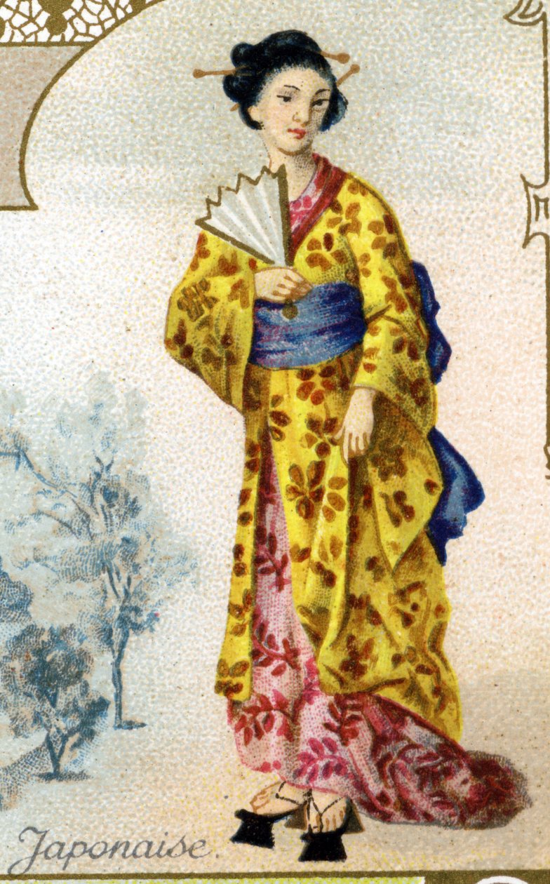 日本女人。 巴黎版画，19 世纪末。 1869 年创建的第戎 Biscuits Pernot 制造商的 25 个广告色彩系列。传统服装中的人物细节 作者 法语学校